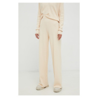 Kalhoty s příměsí vlny Calvin Klein dámské, béžová barva, jednoduché, high waist
