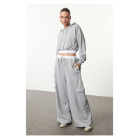 Trendyol Grey Melange Wide Leg Cargo Pocket Woven Garni Detailed Thick Knitted Sweatpants