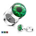 Falešný plug z oceli 316L - barevné oko s černou zorničkou, čirá glazura - Barva piercing: Zelen