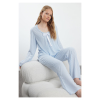 Trendyol Light Blue Striped Ruffle and Ribbon/Bow Detailed Woven Pajama Set