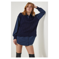 Happiness İstanbul Women's Navy Blue Shirt Oversize Knitwear Sweater