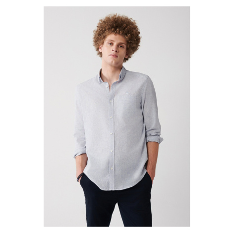 Avva Men's Blue Cotton Linen Button Down Classic Collar Dobby Pocket Regular Fit Shirt