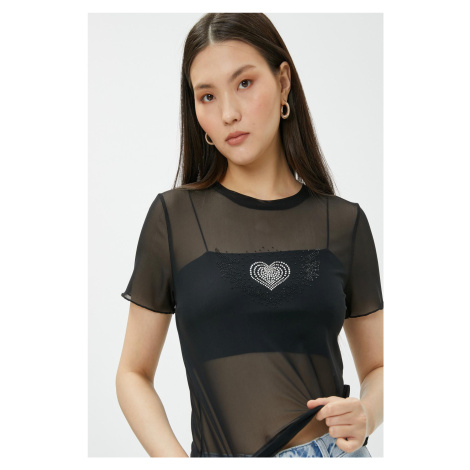 Koton Transparent T-shirt with Stones and Short Sleeves