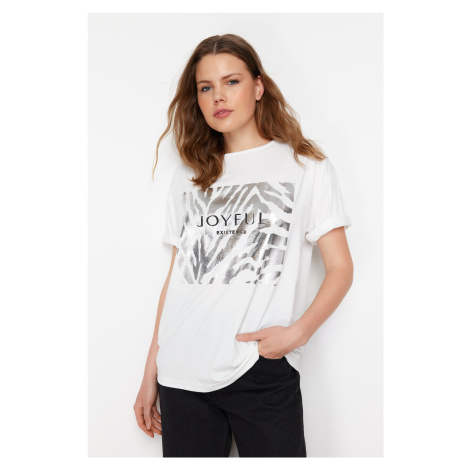 Trendyol White 100% Cotton Foil and Slogan Printed Knitted T-Shirt