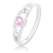 Stříbrný 925 prsten, růžové zirkonové srdce, rozdělená ramena s ornamenty