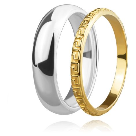 Dvoudílná sada stříbrných prstenů 925 - jednoduchý snubní prsten, řecký klíč, dvě barvy Šperky eshop