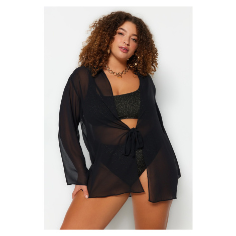 Trendyol Curve Black Short Chiffon Kimono & Kaftan with Tie Detail