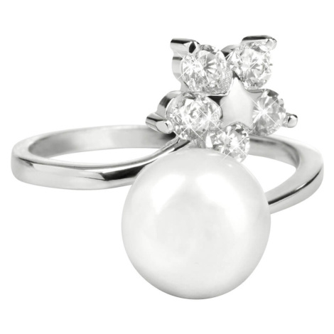 JwL Luxury Pearls Stříbrný prsten s pravou perlou a čirými krystaly JL0322