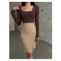 BİKELİFE Women's Beige High Waist Button Detailed Lycra Stretch Skirt