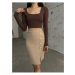 BİKELİFE Women's Beige High Waist Button Detailed Lycra Stretch Skirt