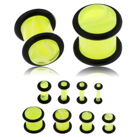 Plug do ucha z akrylu, neonově žlutá barva, mramorový vzor, černé gumičky - Tloušťka : 4 mm Šperky eshop
