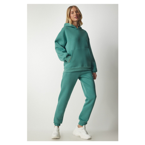 Happiness İstanbul Women's Dark Almond Green Hooded Raised Tracksuit