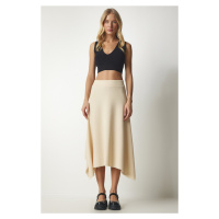 Happiness İstanbul Women's Latte Asymmetrical Cut Ribbed Knitted Skirt