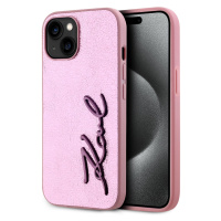 Wrinkled PU Signature Logo Zadní Kryt pro iPhone 15 Pink Karl Lagerfeld