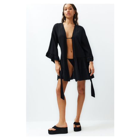 Trendyol Black Belted Mini Woven Frilly Kimono & Kaftan