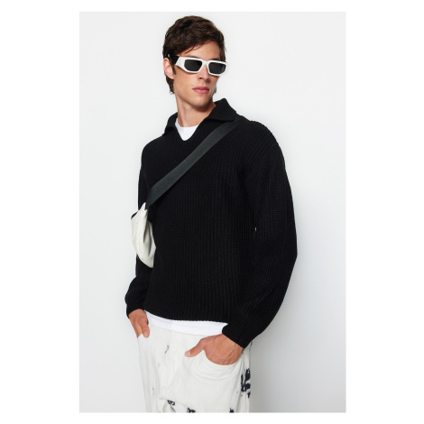 Trendyol Black Unisex Regular Fit Polo Collar Anti-Pilling Knitwear Sweater