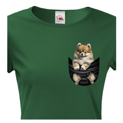 Dámské tričko pro pejskařky s Pomeranianem v kapsičce - kvalitní tisk BezvaTriko