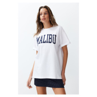 Trendyol White 100% Cotton City Slogan Printed Oversize/Relaxed Cut Knitted T-Shirt