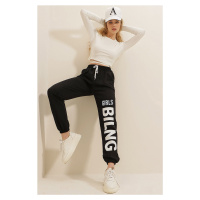 Trend Alaçatı Stili Women's Black Two Yarn Sweatpants with Elastic Waist and Legs, Text and Prin