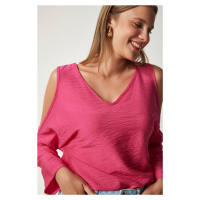 Happiness İstanbul Women's Pink Off-the-Shoulder Release-Length Flowy Curtain Wrap Blouse