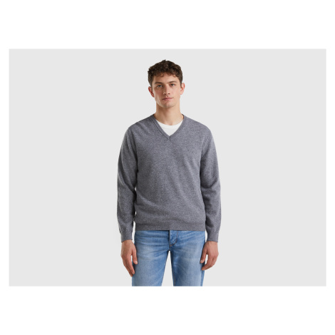 Benetton, Dark Gray V-neck Sweater In Pure Merino Wool United Colors of Benetton