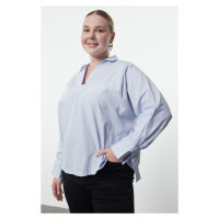 Trendyol Curve Blue White Striped Basic Long Sleeve Elastic Back Woven Plus Size Blouse