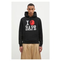 Bavlněná mikina A Bathing Ape I Love Bape Pullover pánská, černá barva, s kapucí, s aplikací, 1K