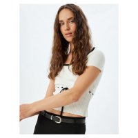 Koton Crop Sweater Short Sleeve Bow Detail Square Neck Slim Fit