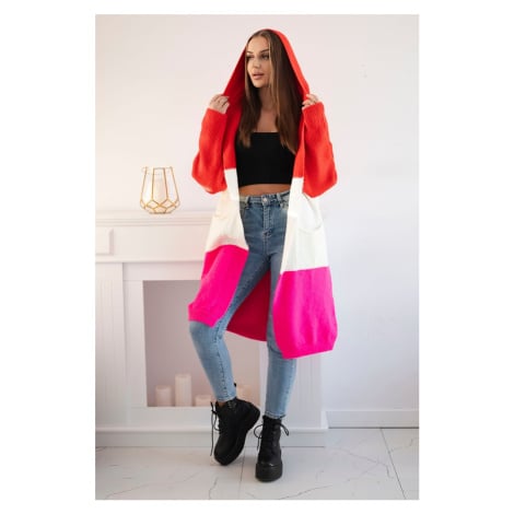 Pruhovaný svetr s kapucí červený+ecru+růžový Kesi
