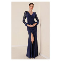By Saygı Double Breasted Collar Front Draped Sleeves Pulp Feather Detailed Lined Lycra Long Dres