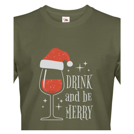 Pánské vánoční tričko s potiskem vína a nápisem Drink and be merry BezvaTriko