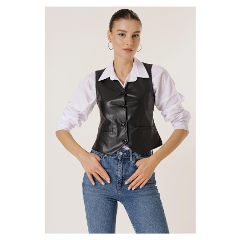 By Saygı Buttoned Front Pocket Lined Leather Vest