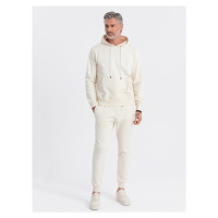 Men's tracksuit set jogger pants + kangaroo sweatshirt - cream V11 Z81