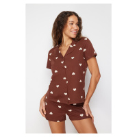 Trendyol Brown 100% Cotton Heart Patterned Shirt-Shorts Knitted Pajama Set