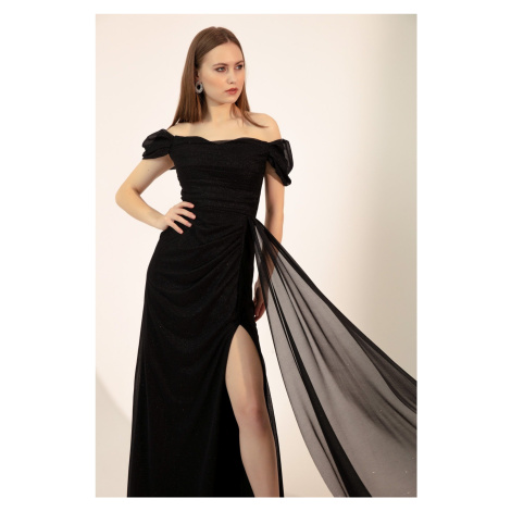 Dámské černé večerní šaty Lafaba s lodičkovým výstřihem, dlouhé, třpytivé, s rozparkem.