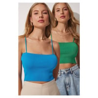 Happiness İstanbul Women's Green Blue Double Strap Crop Knitwear Blouse