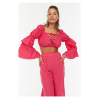 Trendyol Pink Long Sleeve Tie Detail Beach Blouse