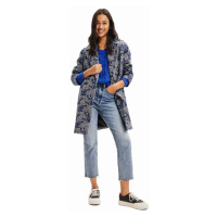 Kabát Desigual 23WWEWA9 WOMAN WOVEN OVERCOAT dámský, tmavomodrá barva, přechodný, dvouřadový