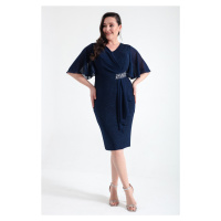 Lafaba Women's Navy Blue V-Neck Short Sleeve Plus Size Midi Evening Dress
