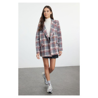 Trendyol Gray Oversize Lined Double Breasted Closure Woven Plaid Blazer Jacket