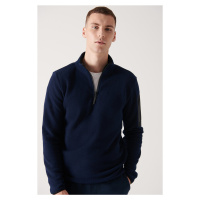 Avva Men's Navy Blue High Neck Pocket Detailed Half Zipper Regular Fit Fleece Sweatshirt