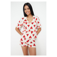 Trendyol Ecru 100% Cotton Heart Tshirt-Shorts Knitted Pajamas Set