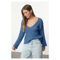 Trendyol Dark Blue Wool Wide Fit Crop Basic Knitwear Sweater