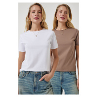 Happiness İstanbul Women's White Mink Crew Neck 2 Pack Basic Knitted T-Shirt