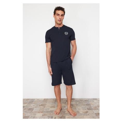 Trendyol Navy Blue Buttoned Collar Regular Fit Pajamas Set with Knitted Shorts