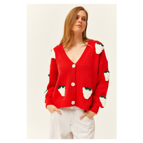 Olalook Women's Red Strawberry Garnish Buttoned Knitwear Cardigan