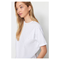 Trendyol White Half Sleeve Knitted T-shirt with Pearl Detailed