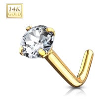Zlatý 14K zahnutý piercing do nosu - broušený čirý zirkon, 0,8 mm, průměr 3 mm