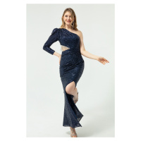 Lafaba Women's Navy Blue One-Sleeve Long Evening Dress with Sequins And Stones.