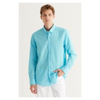 AC&Co / Altınyıldız Classics Men's Turquoise Slim Fit Buttoned Collar Linen Look 100% Cotton Fla